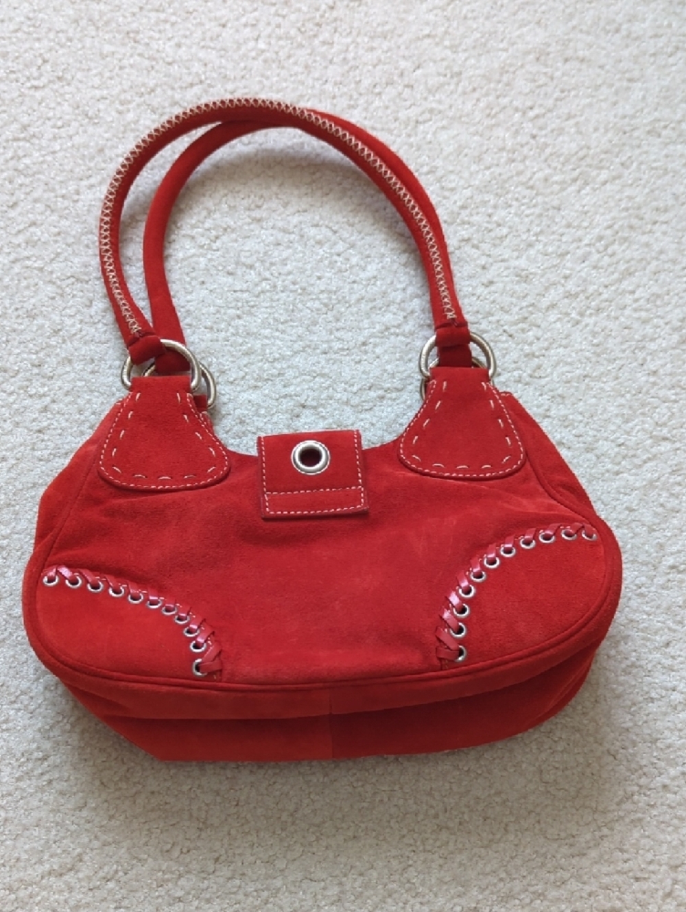 Prada Moon Red Suede Shoulder Bag with Silver-Tone Rings Like 🆕 - Picture 3 of 12